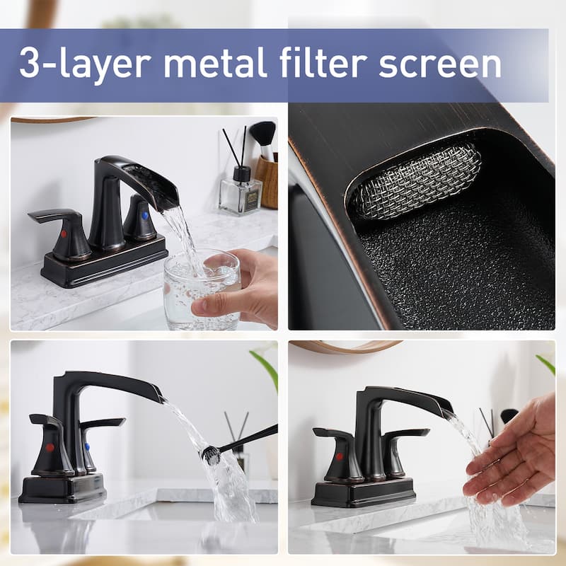 4 in. Centerset Double Handle Waterfall Bathroom Faucet with Pop-up Drain Kit Sink Vanity Basin Taps