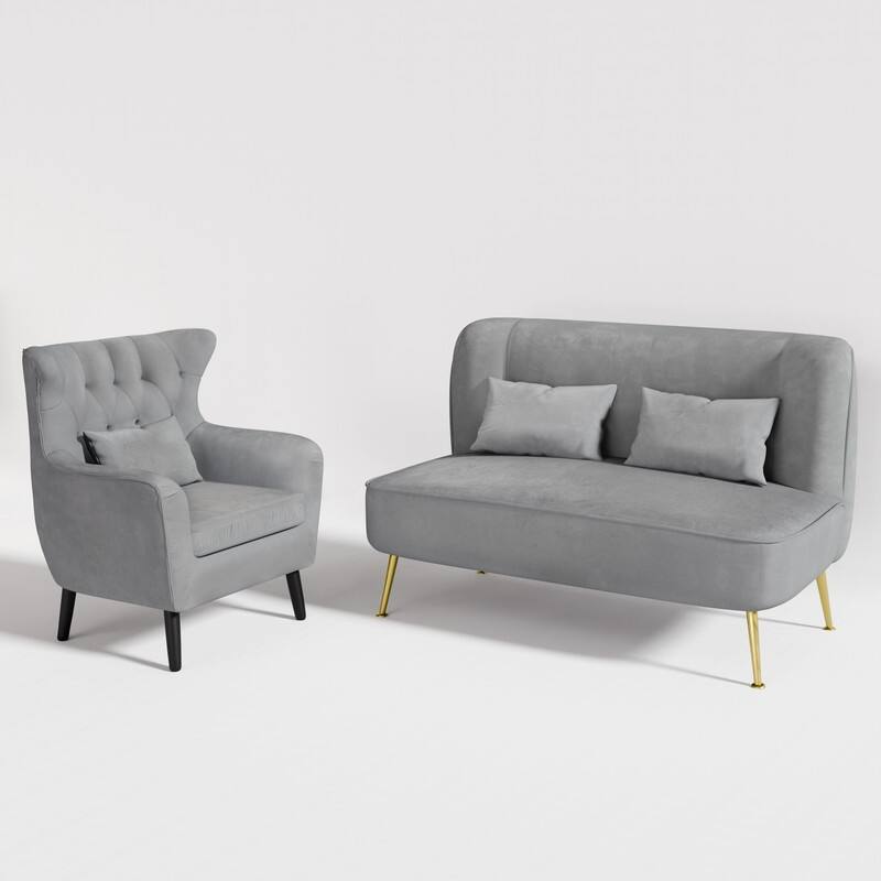 Upholstered Tuft Velvet Metal Thick Cushion Two Accent Chairs Loveseat
