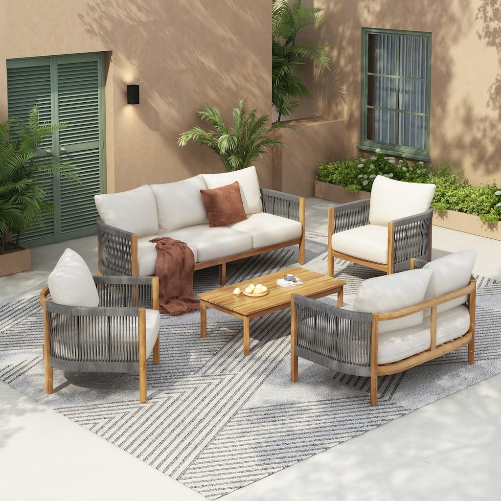 Christopher Knight Home - Everly Outdoor 5-Piece Acacia Wood & Woven Rope Patio Conversation Sets with Water Resistant Cushion