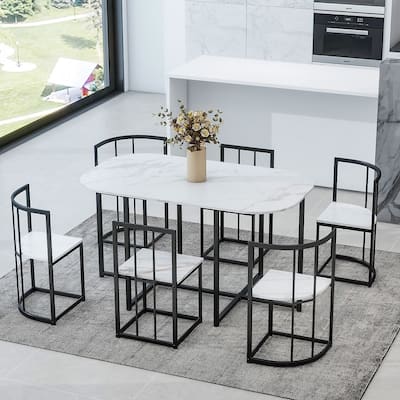 Dining Table Set for 6 - 55" Faux Marble Semi-Round Dining Table with 6 Chairs