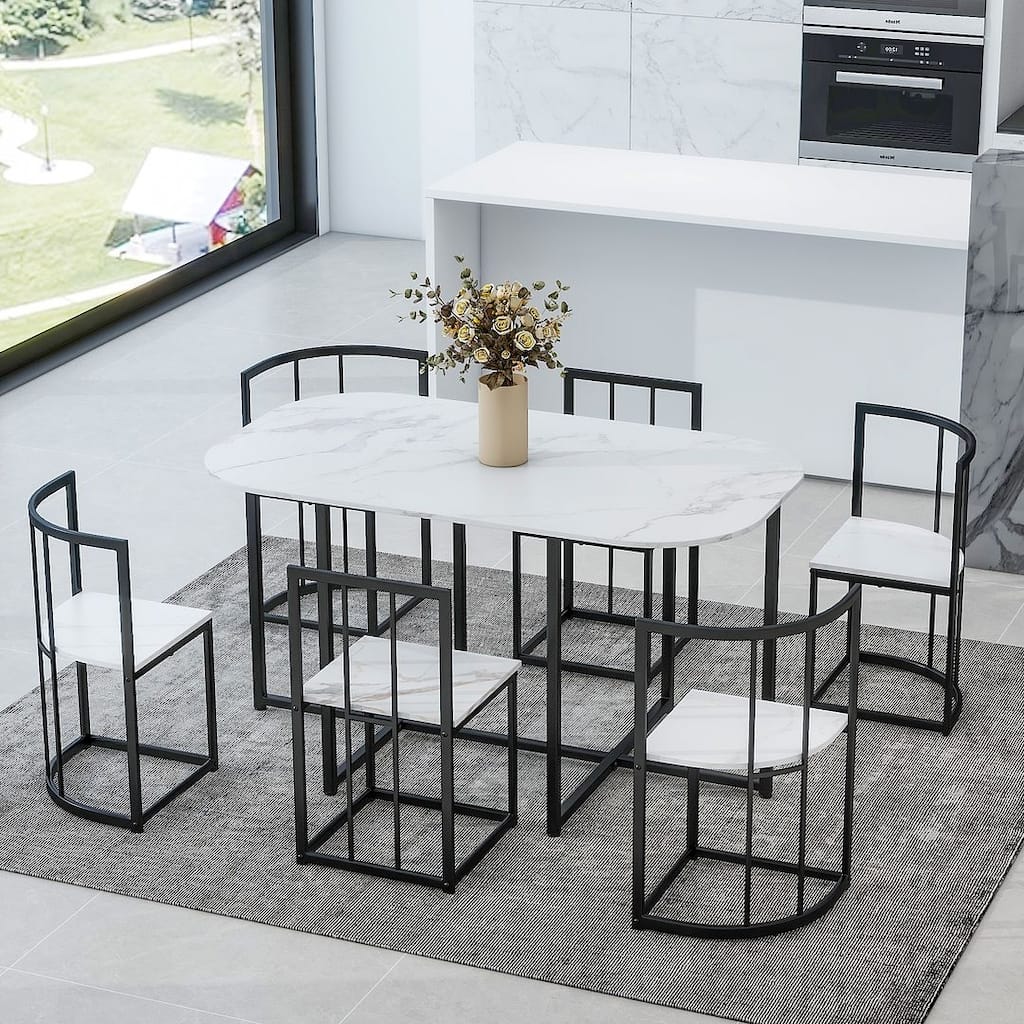 Dining Table Set for 6 - 55" Faux Marble Semi-Round Dining Table with 6 Chairs