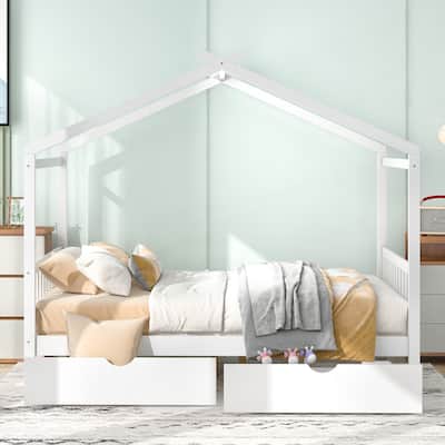 Full Size House Platform Bed with Storage Drawers, Roof, Headboard and Footboard