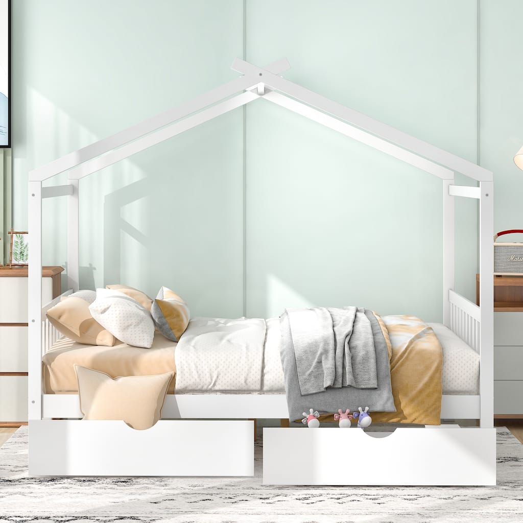 Full Size House Platform Bed with Storage Drawers, Roof, Headboard and Footboard
