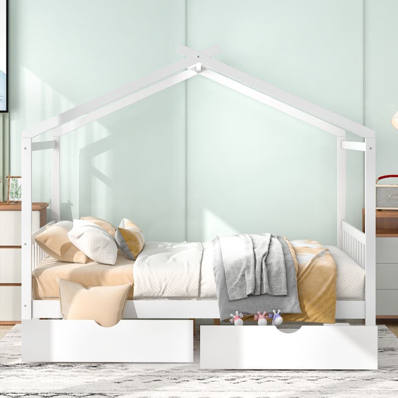 House Platform Bed with Two Drawers,Headboard and Footboard,Roof Design