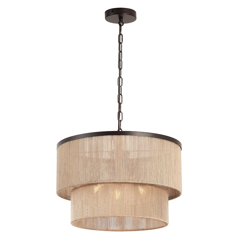 GetLedel 3-Light Natural Rope Drum Chandelier Handwoven Coastal Boho Ceiling Light