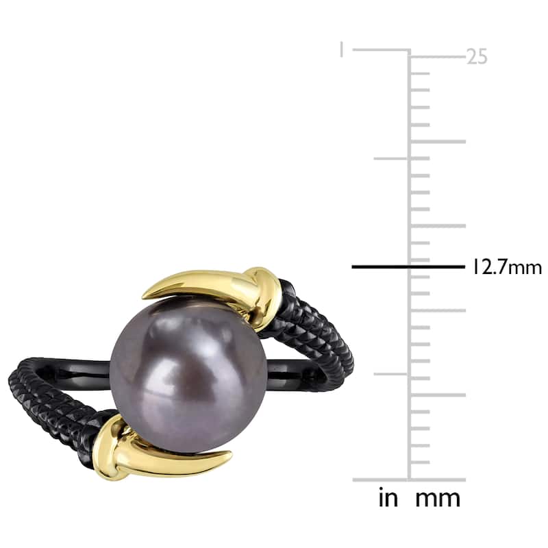 Miadora Mens 9.5-10 mm Black Cultured Freshwater Pearl Ring in Yellow and Black Silver
