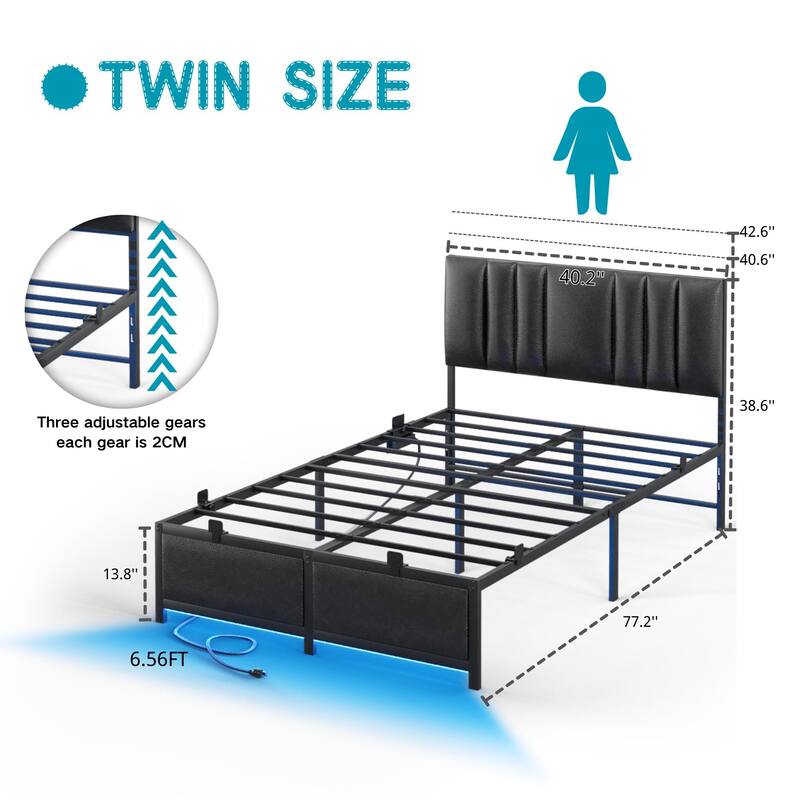 Upholstered Bed Frame with Height Adjustable Headboard,with RGB LED Light and Charging Hub
