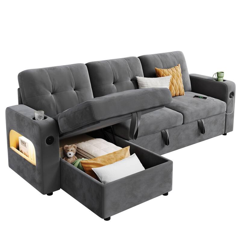 84 Inch Sleeper Sofa Couch, L-Shaped Sofa, Convertible Pull Out Sofa Bed with Storage, Charging Station, Led Lights