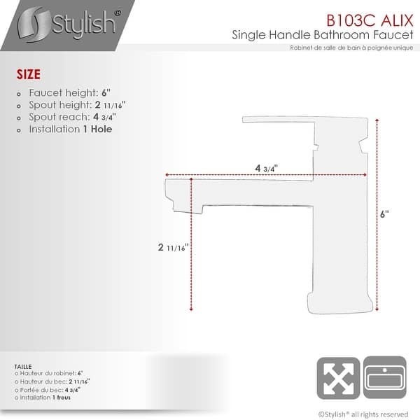 dimension image slide 2 of 3, Single Hole 1-Handle Bathroom Faucet - Faucet Height: 6" | Spout Height: 2 11/16"