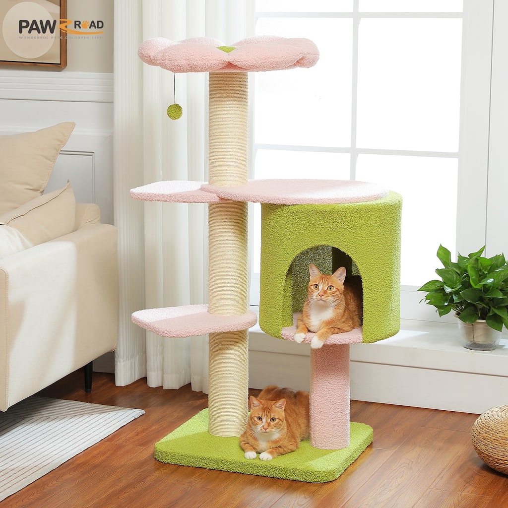 48" Cat Tree Tower with Fully-Wrapped Scratching Posts, Multi-Level Cat Condo, Perch & Hammocks