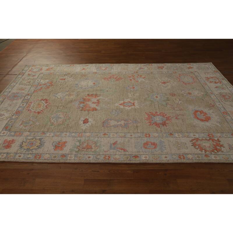 Hand Knotted Oriental 100% Wool Carpet Transitional All-Over Beige & Ivories Oushak Area Rug - 9' 0'' X 5' 10''