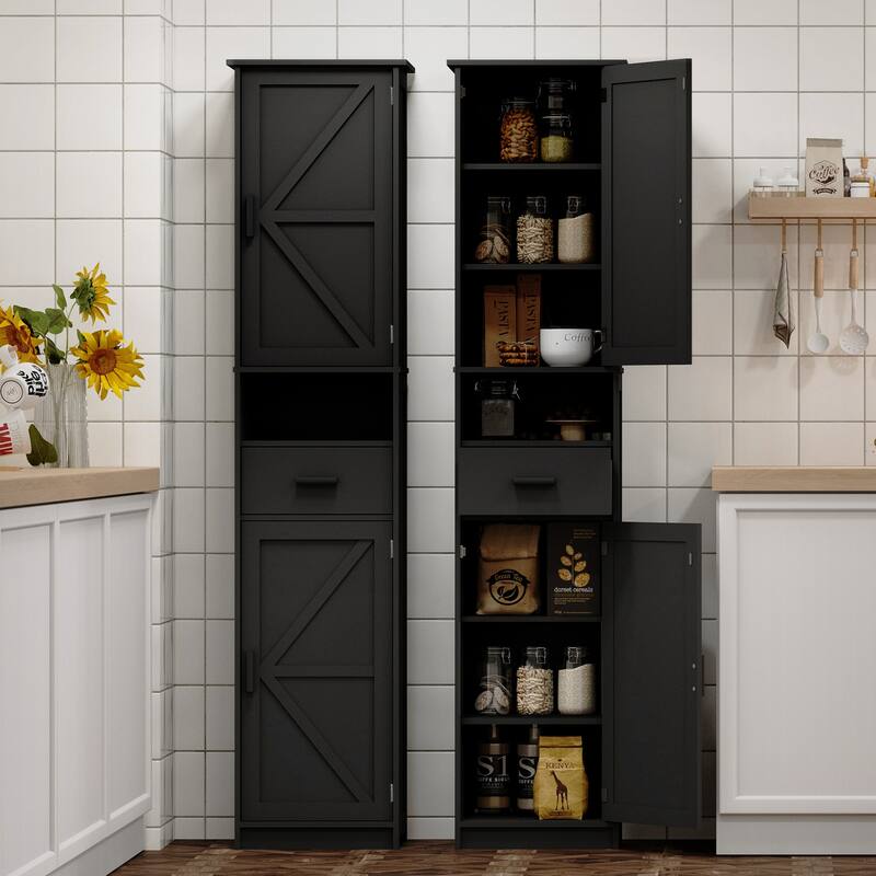 Homy Casa 69" Tall Kitchen Pantry Cabinet 2 Barn Doors & Drawer