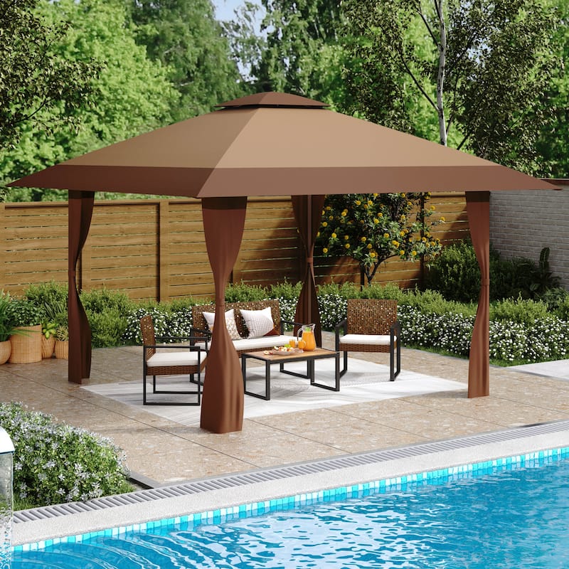 13' x 13' Outdoor Canopy Patio Gazebo Reinforced garden Pop-up Canopy Tentwith Elegant Corner Curtain - 13x13ft