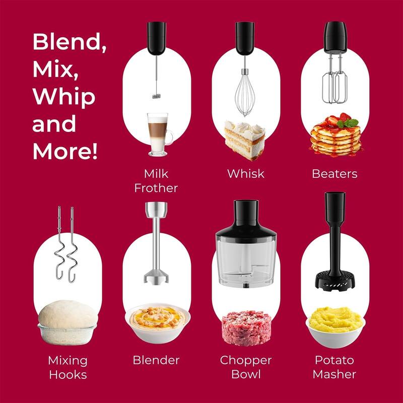 MuellerLiving Immersion Hand Blender Full Set - 8 Speed, with 7 Attachments: Blade, Whisk, Frother, Beater, Hooks, Masher, Bowl