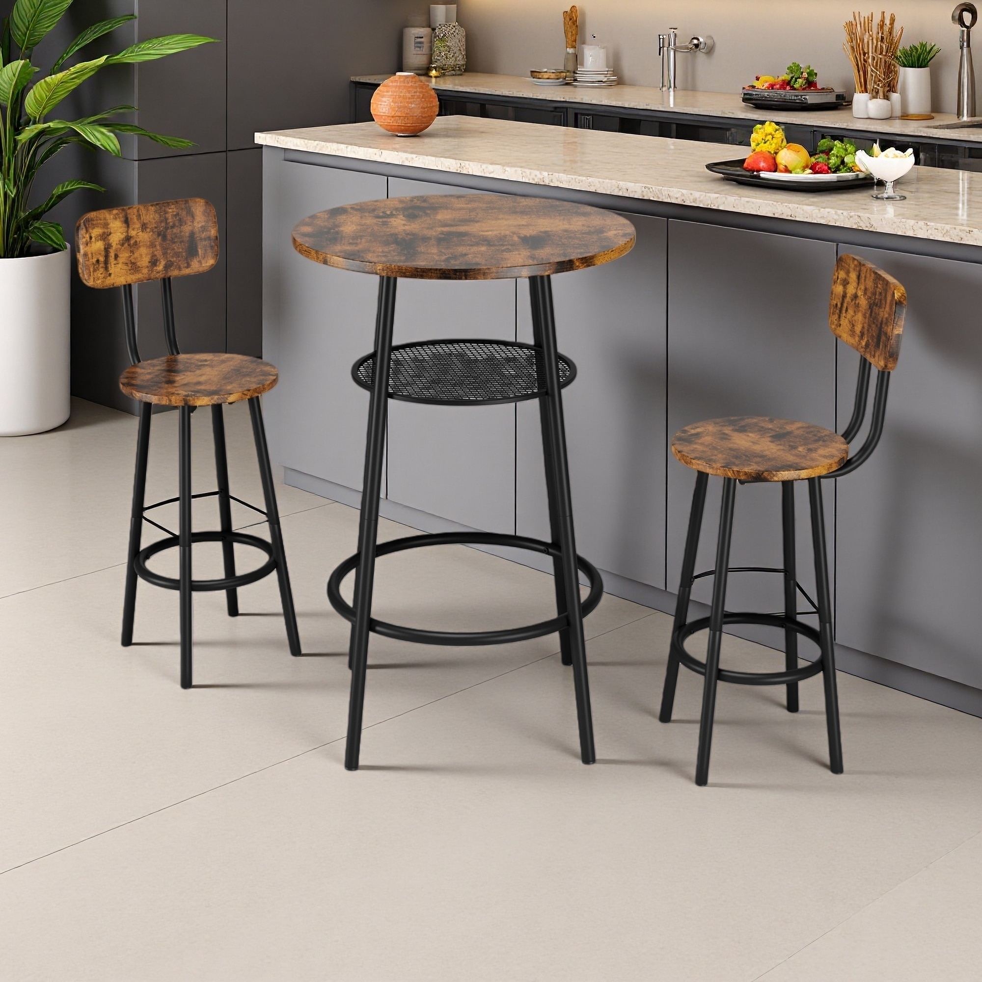 3-Piece Bar Table Set, Oak MDF & Metal with 2 Bar Stools, Backrest & Partition, Space-Saving, Modern Farmhouse