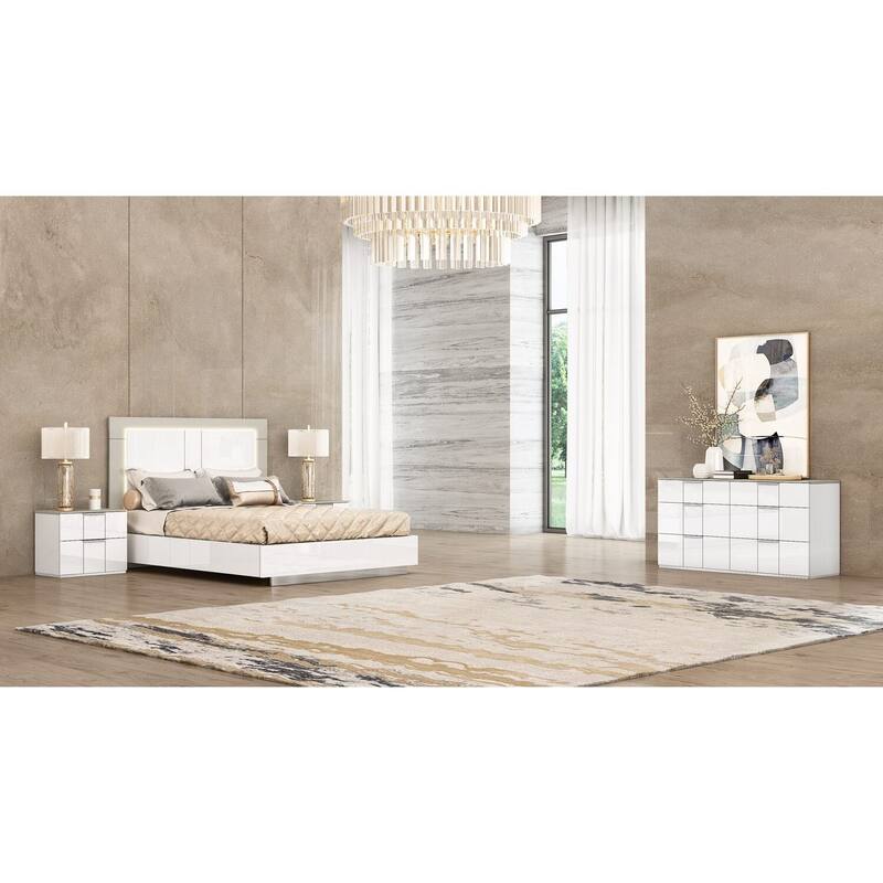 Queen Bed with High Gloss White Frame & Taupe Headboard - Modern Bedroom Furniture