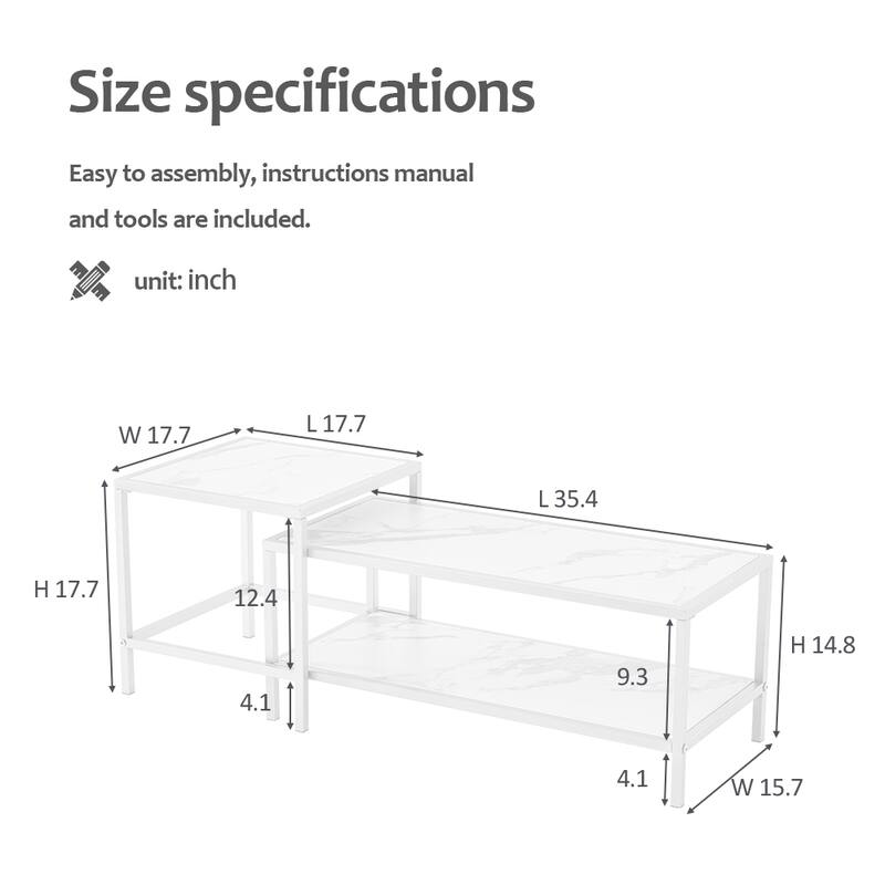 Wood marble color top Modern Nesting coffee table Square & rectangle With Black metal frame