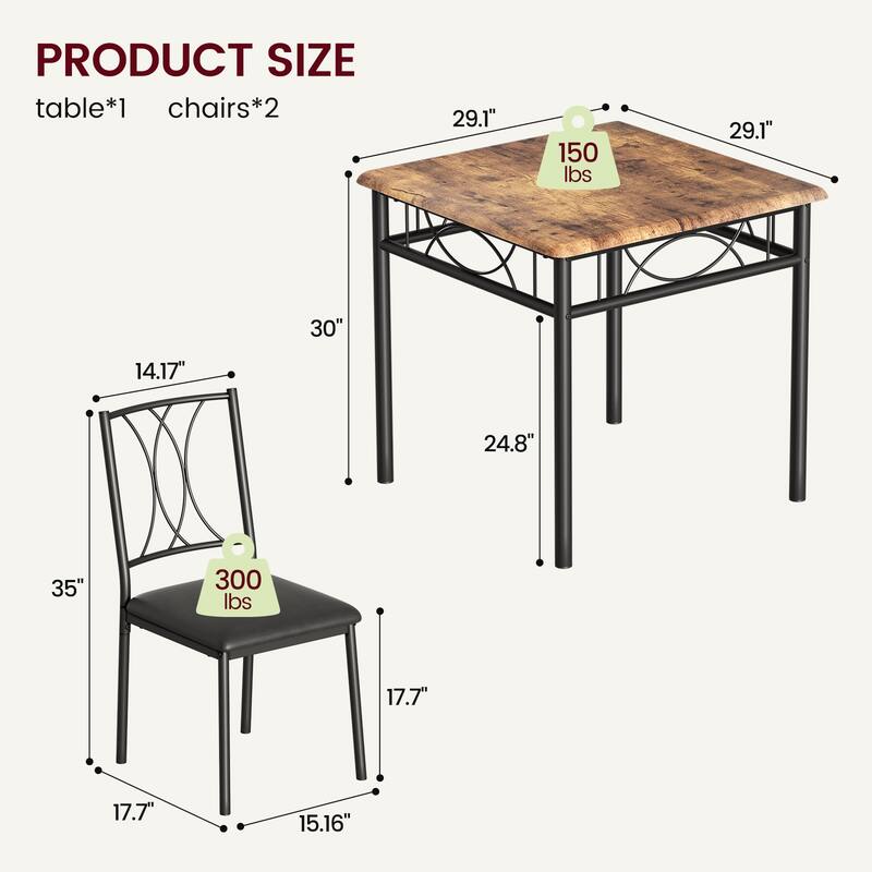 3 Piece Kitchen Set Dining Modern Table and 2 Upholstered Chairs