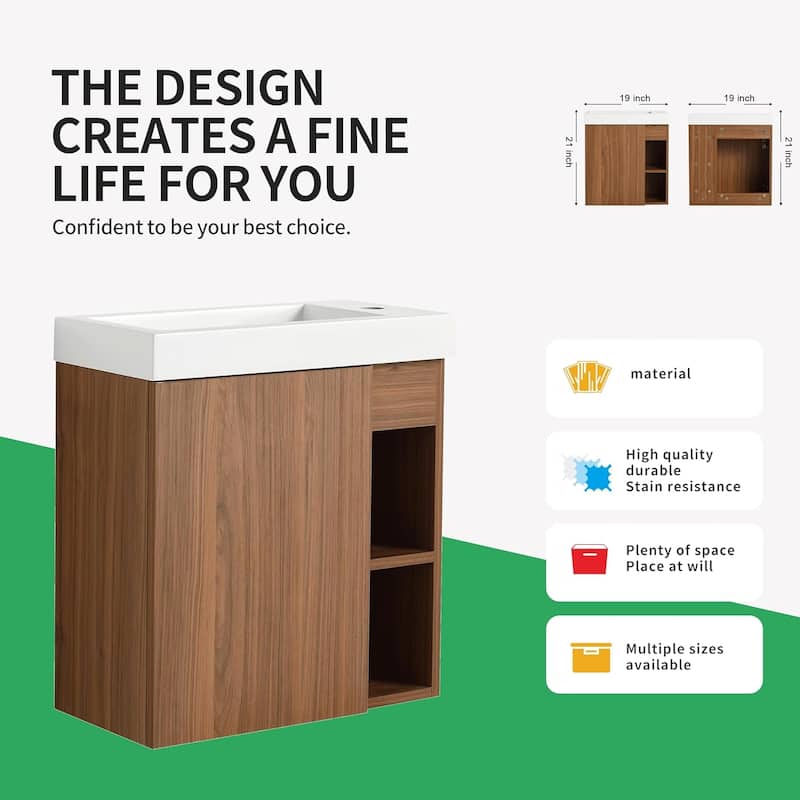 BNK 20"/24"/30" Single Sink Bathroom Vanity with Soft Close Door or Right Side Shelves, Modern Floating Vanity