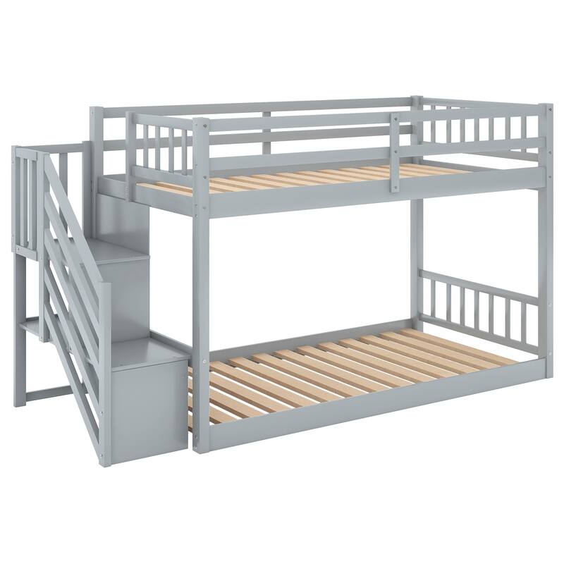 Twin Over Twin Low Bunk Bed with Storage Ladder and Guardrails