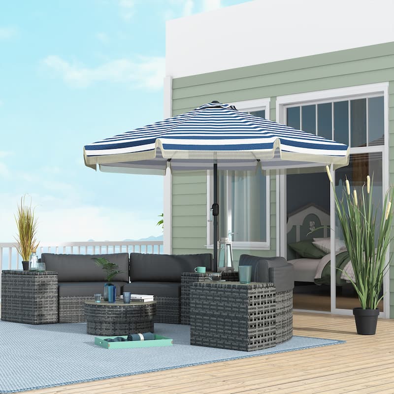 Outsunny 9ft Patio Umbrella with Push Button Tilt and Crank, Ruffled Outdoor Market Table Umbrella with Tassles and 8 Ribs - Multi