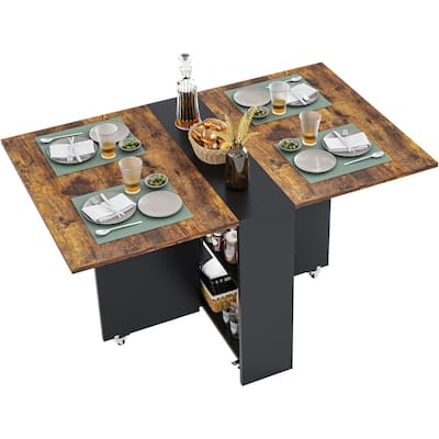 Folding Dining Table with 6 Wheels Drop Leaf Tables