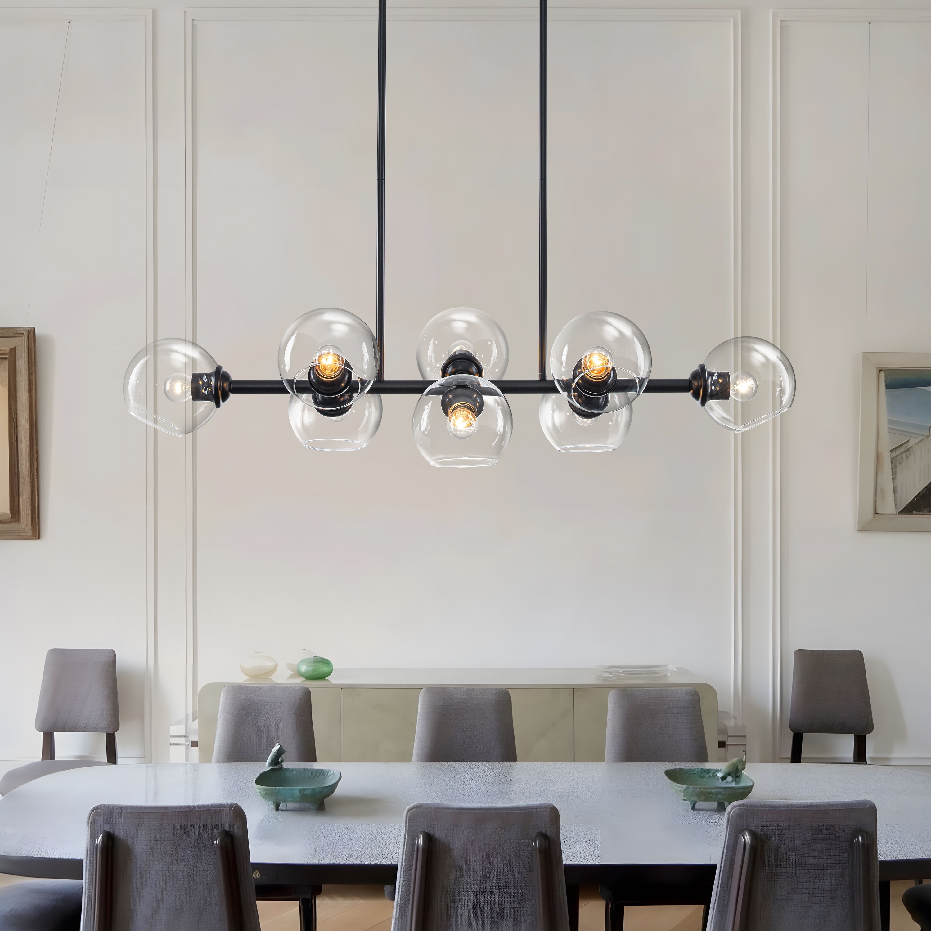 Starsky 8-Light Black Sputnik Modern Linear Chandelier With Clear Glass Shades for Kitchen, Dining Room