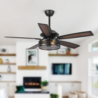 Farmhouse Brown Wood 5-Blade 3-Light Cage Ceiling Fan with Remote and ...