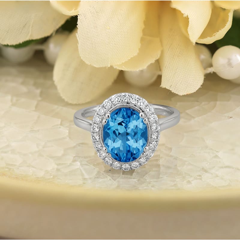 Auriya Vintage 2 5/8ct Oval Swiss Blue Topaz and Halo Diamond Engagement Ring 1/3ctw 14k Gold