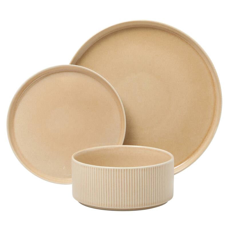 Gibson Elite Solana Coast 12 Piece Stoneware Reactive Glaze (Service for 4) Plates and Bowls Modern Shape Dinnerware Set