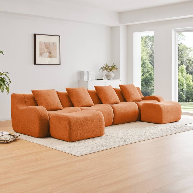 Teddy Fabric Anti-Slip Design Boneless Sofa - Orange(4 Seat+2 Ottoman)