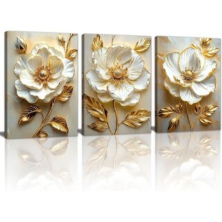 Modern White Floral Golden Leaves Canvas Wall Art - Bed Bath & Beyond ...