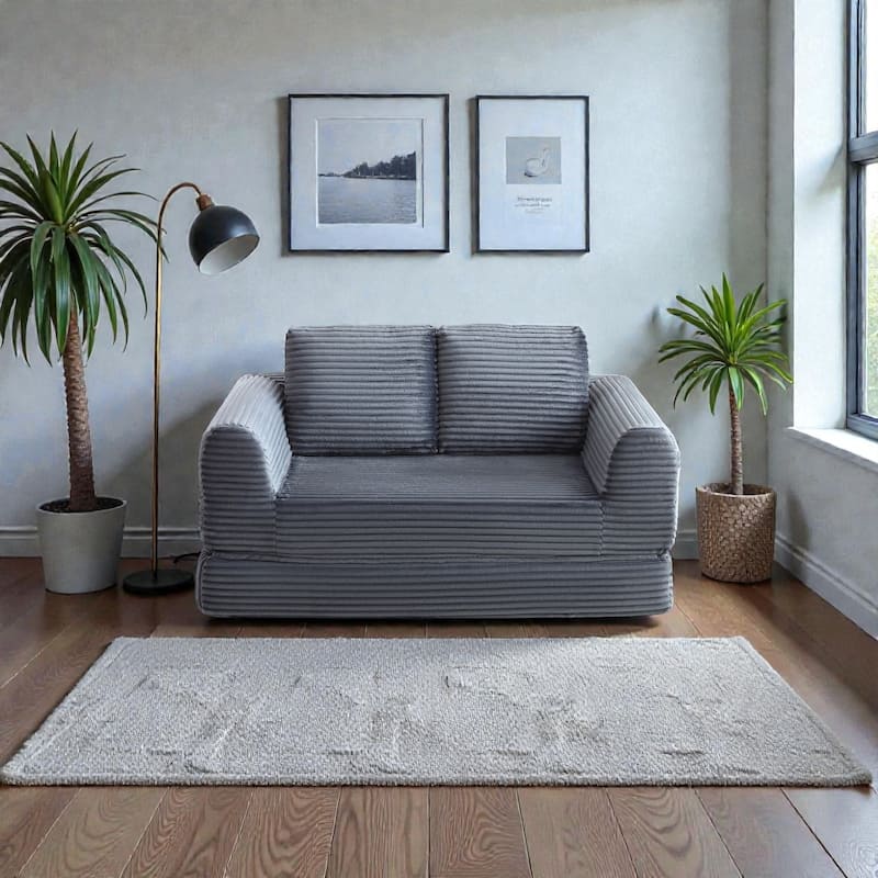 2 in 1 Folding Sofa Bed Loveseat, Corduroy Convertible Sleeper Couch with Pillows, Boneless Floor Futon - Grey