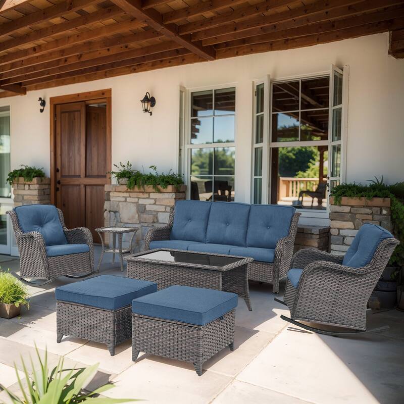 Gymojoy 7-Piece Outdoor Wicker Patio Furniture with 3 Seat Sofa, Rattan Coversation Set with Water Resistant Thick Cushions - Brown Wicker / Blue Cusion - 7-Piece