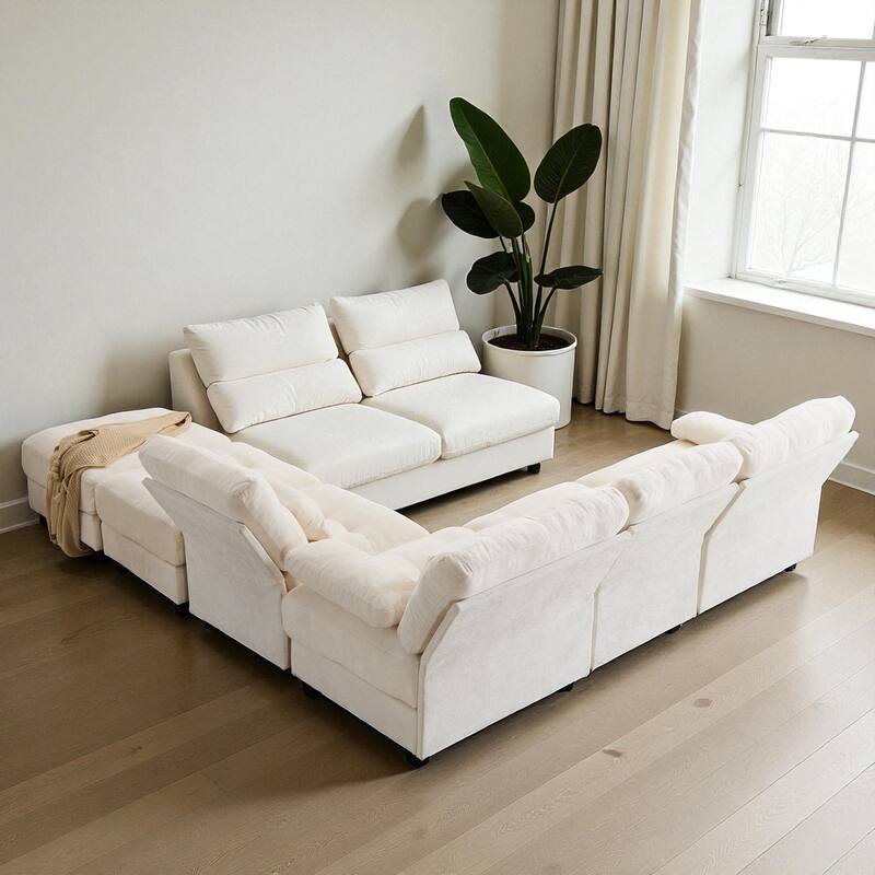 119" 4-Seater Chenille Sofa with 2 Ottomans, 4-Position Adjustable Backrest, 4 Pillows and Easy Assembly for Living Room