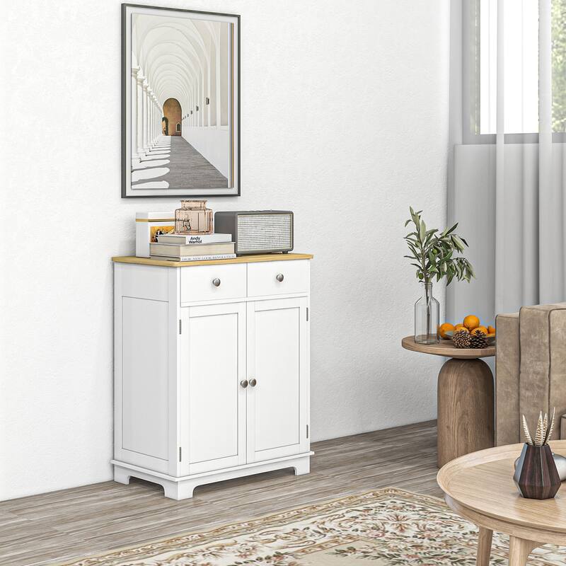 Modern Storage Cabinet with Solid Wood Countertop, 2 Drawers and Adjustable Shelf
