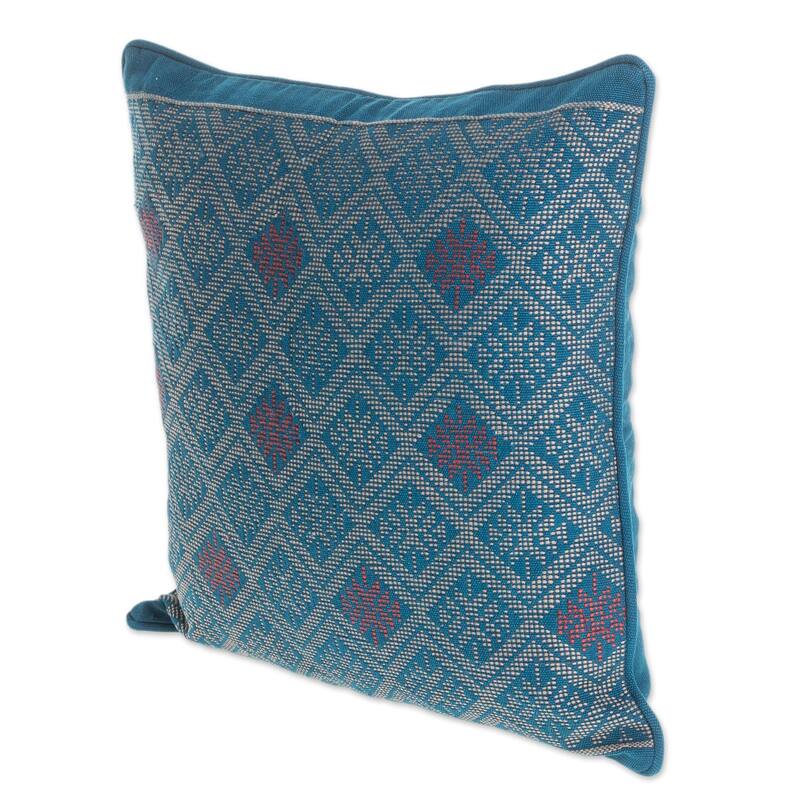 Novica Handmade Azure Geometry Cotton Cushion Cover