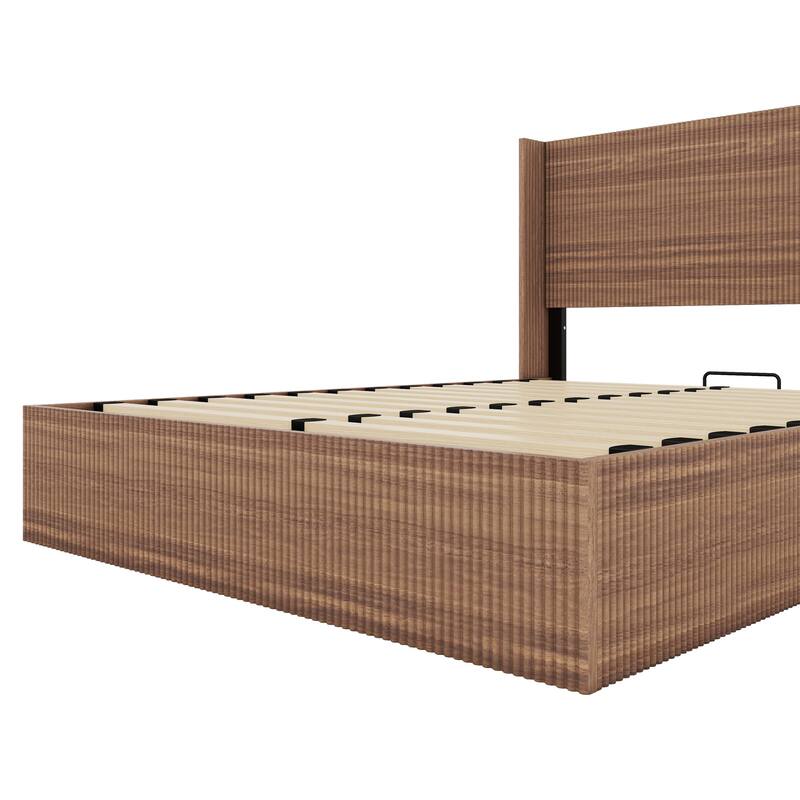 Queen Size Wooden Platform Bed Frame with Lift Storage, Rustic Brown, No Spring Box Required