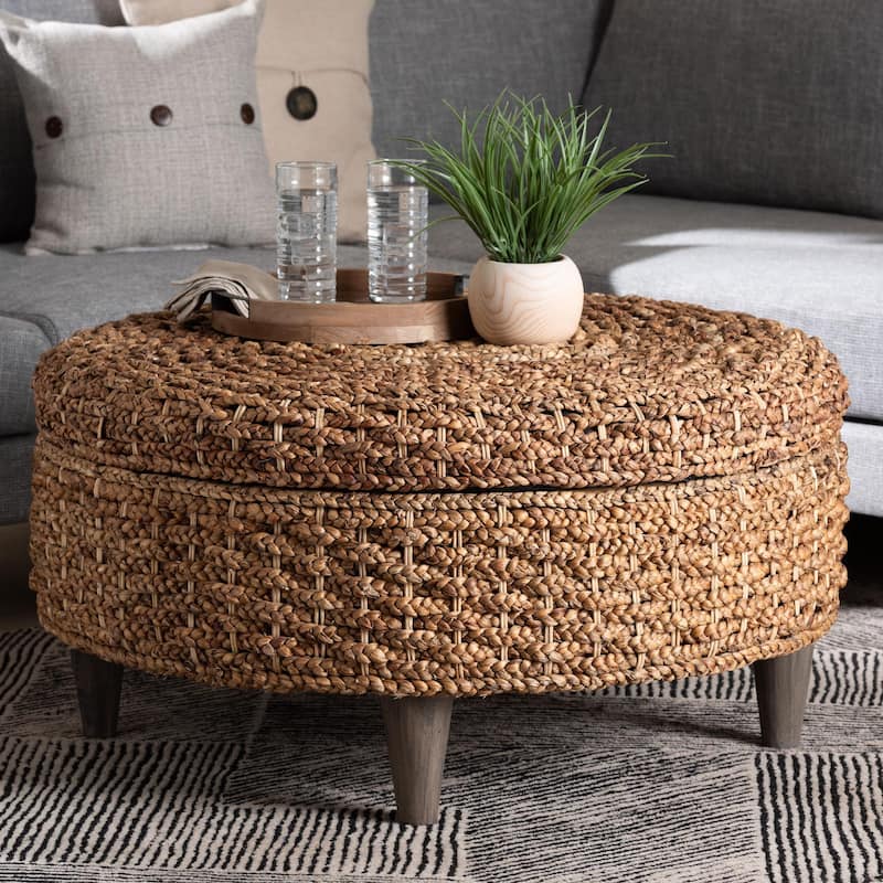 Bailey Handwoven Seagrass Storage Ottoman with Lift-Top - Rustic Wicker Trunk or Footrest for Living Room or Entryway