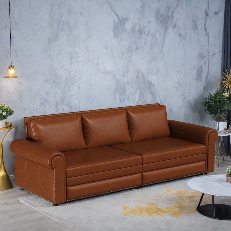 93.70"Faux Leather 3-Seater Sleeper Sofa Bed with Chaise, Retro Style with Rivet Trim