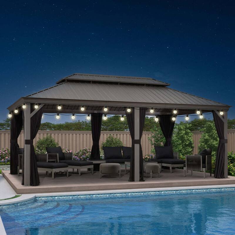 PURPLE LEAF Patio Gazebo for Backyard Hardtop Galvanized Steel Frame with Upgrade Curtain - Light Grey - 12' x 20' - With lights
