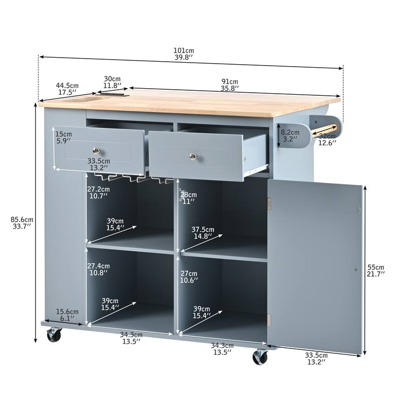 39.80'' Rubber wood Kitchen Island with Power Outlet, Drop Leaf, Adjustable Shelf and 2 Drawers - 39.8'' x 29.33'' x 33.7''