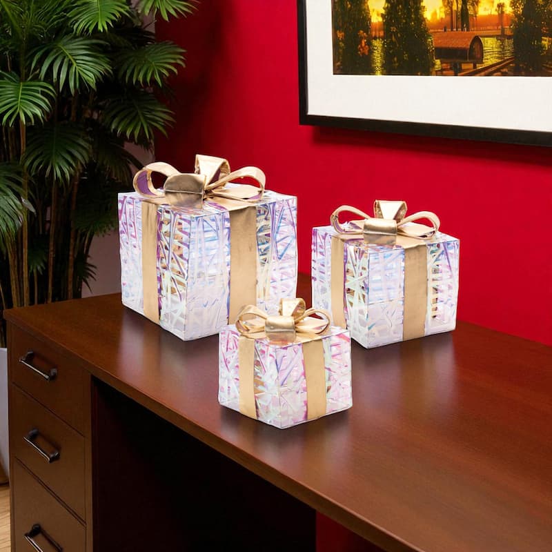 HomeRoots Set of Three Clear And Gold Decorative Boxes With LED - 6.00 in. x 6.50 in. x 6.00 in. - Gold/Clear - 6.00 in. x 6.50 in. x 6.00 in.