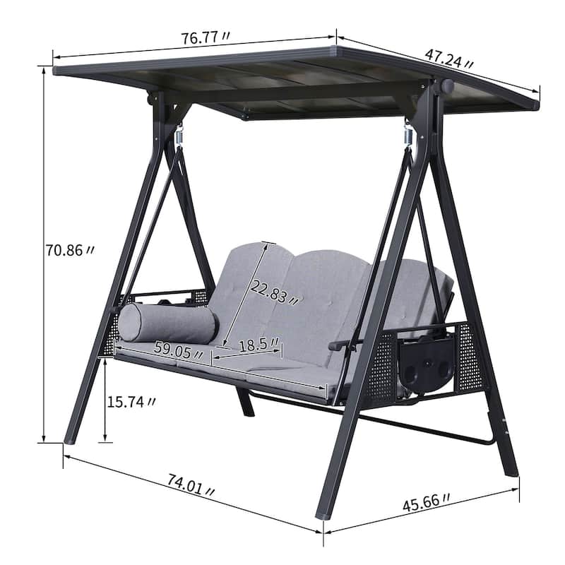 PURPLE LEAF 3-seat Outdoor Porch Swing with Adjustable PVC Canopy - 70.86"(H) X 76.77"(W) X 47.24"(D)