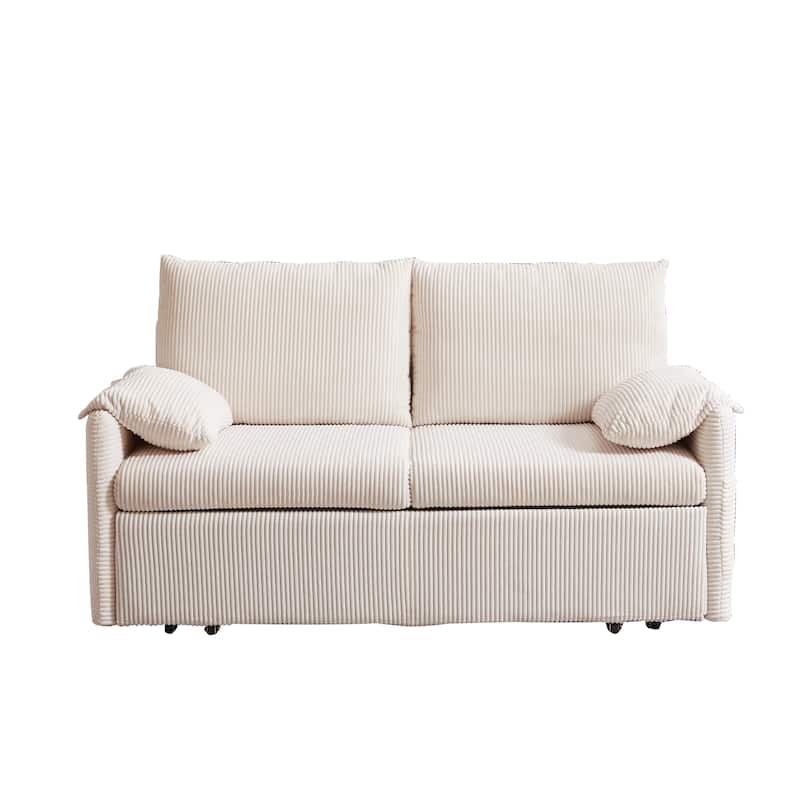 64.5" Loveseat Sofa with Pullout Bed,Corduroy Convertible Sleeper Sofa - Beige
