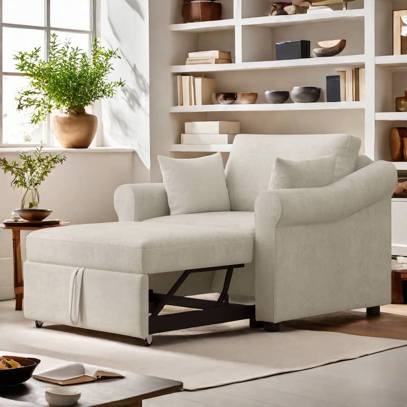 Chenille 3-in-1 Sleeper with Adjustable Backrest, Wheels, and Convertible Bed for Living Room - Beige