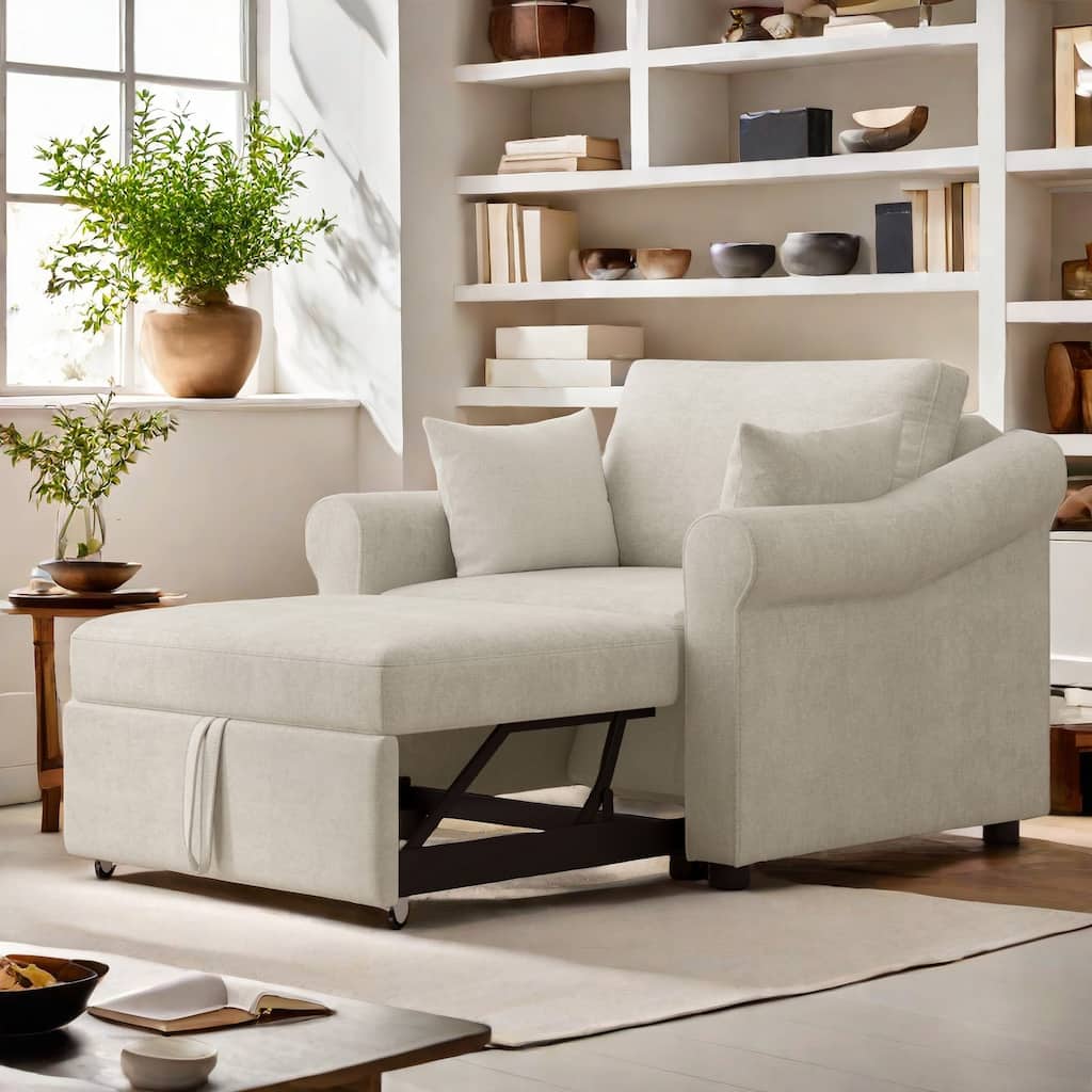 Chenille 3-in-1 Sleeper with Adjustable Backrest, Wheels, and Convertible Bed for Living Room