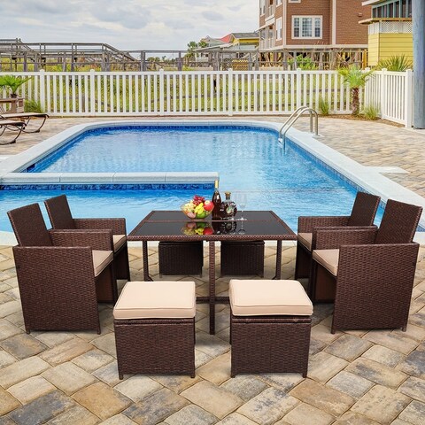 9PCS Patio Rattan Wicker Furniture Outdoor Dining Set with Cushion