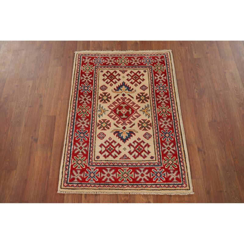 Hand Knotted Oriental 100% Wool Carpet Traditional Geometric Yellow & Gold Kazak Area Rug - 2' 10'' X 2' 1''