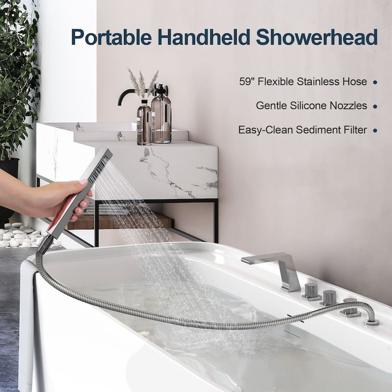 GRANDJOY Deck Mount Bathtub Spout and Handheld Shower Head Combo 5 Hole Design High Pressure